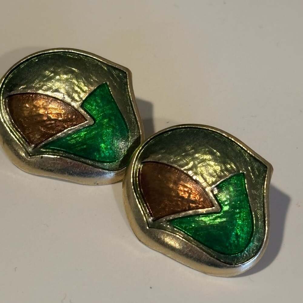 Vintage Enamel Geometric Statement Earrings Green Gold